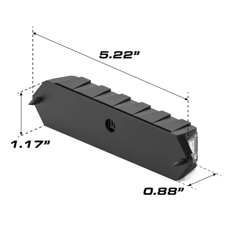 Black rectangular LED light with dimensions for Feniex Fusion-S surface mount, ideal for first responders