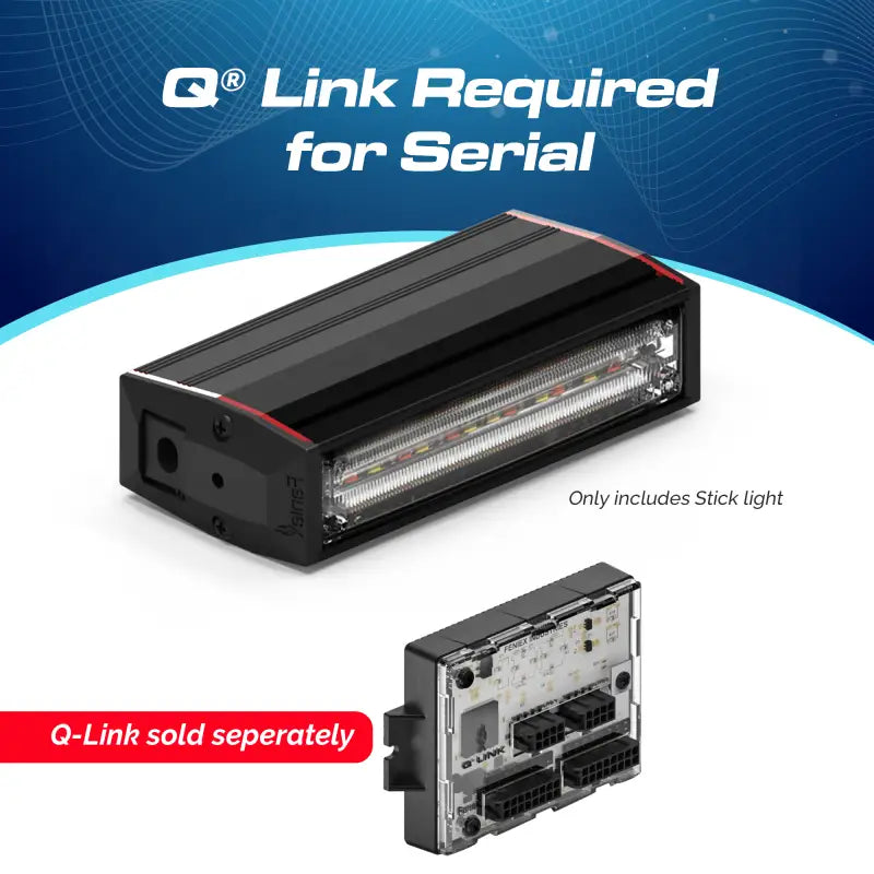 Black rectangular LED stick light with Q-Link module from Feniex Q Series featuring serial technology