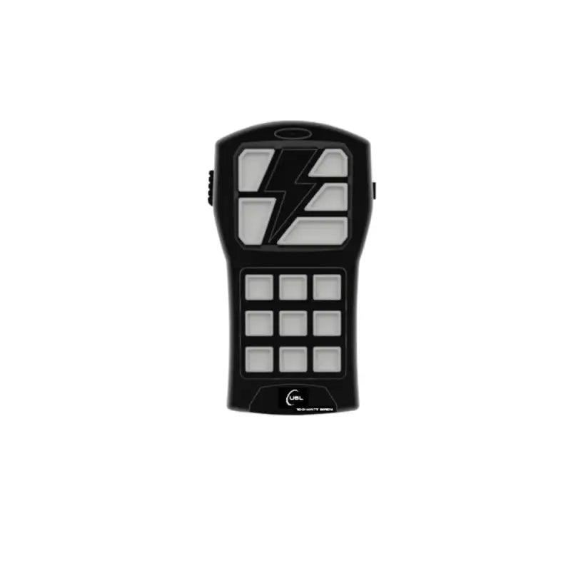 Black remote control with lightning bolt symbol for UBL Handheld Siren and Controller