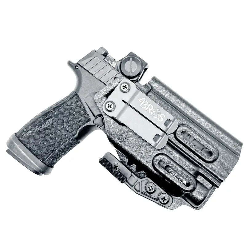Black Sig Sauer P365-FUSE semi-automatic pistol in fitted holster with mounted optic