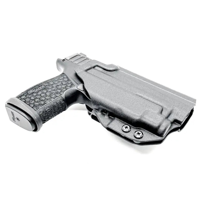 Black Sig Sauer P365-FUSE pistol with light mounted in custom-fit Kydex OWB holster