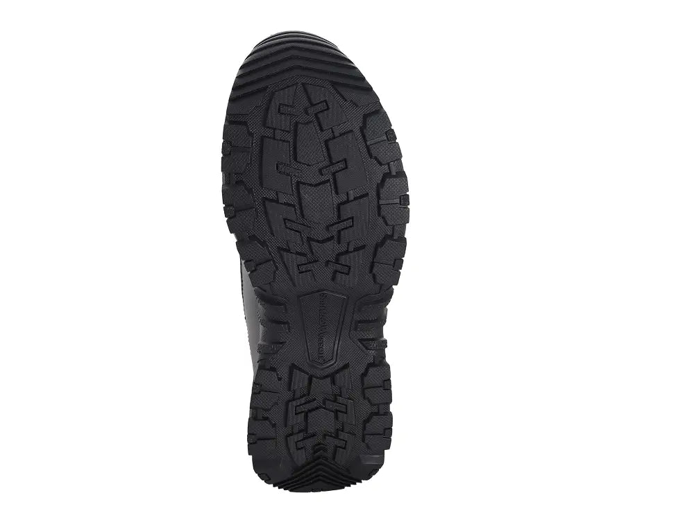Black shoe sole with deep treads for hot weather firefighting and first responder shoes
