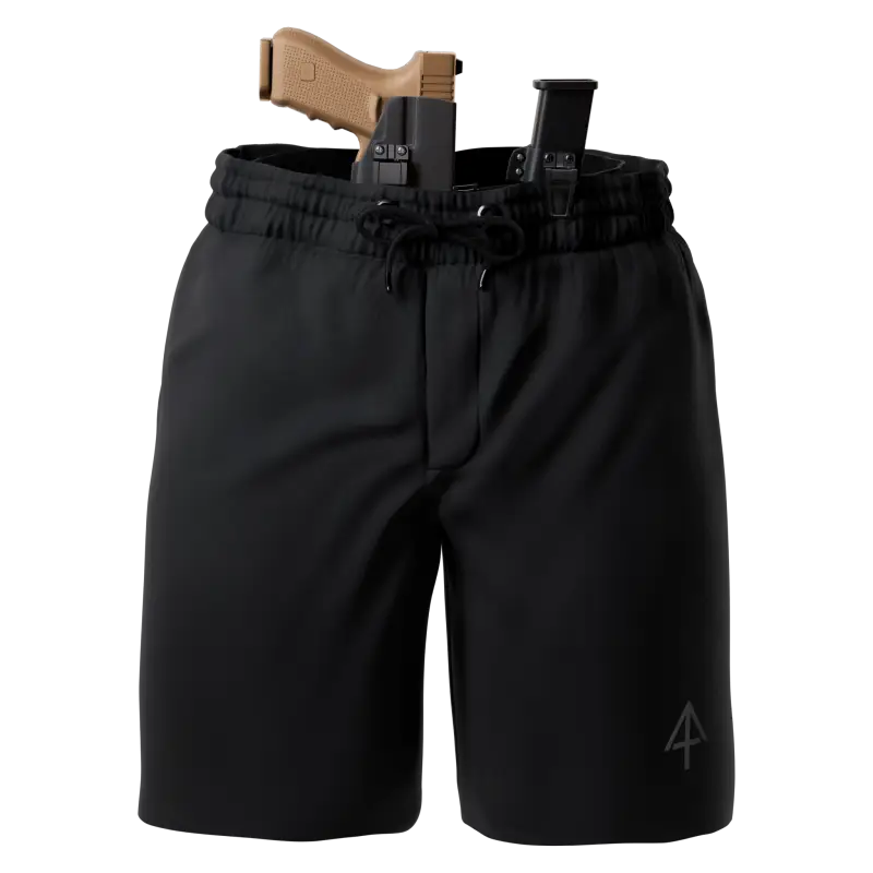 Black carrier shorts with holstered handgun for concealed carry by Arrowhead Tactical Apparel