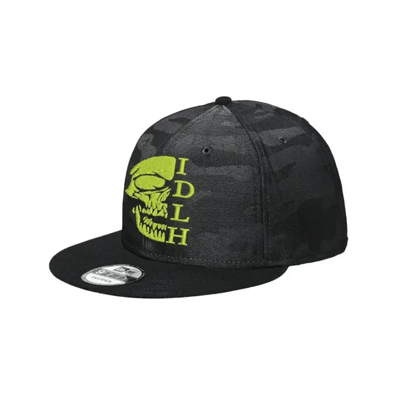 Black Camo Snap with Neon Green Skull Logo and IDLH Text from New Era Black Camo