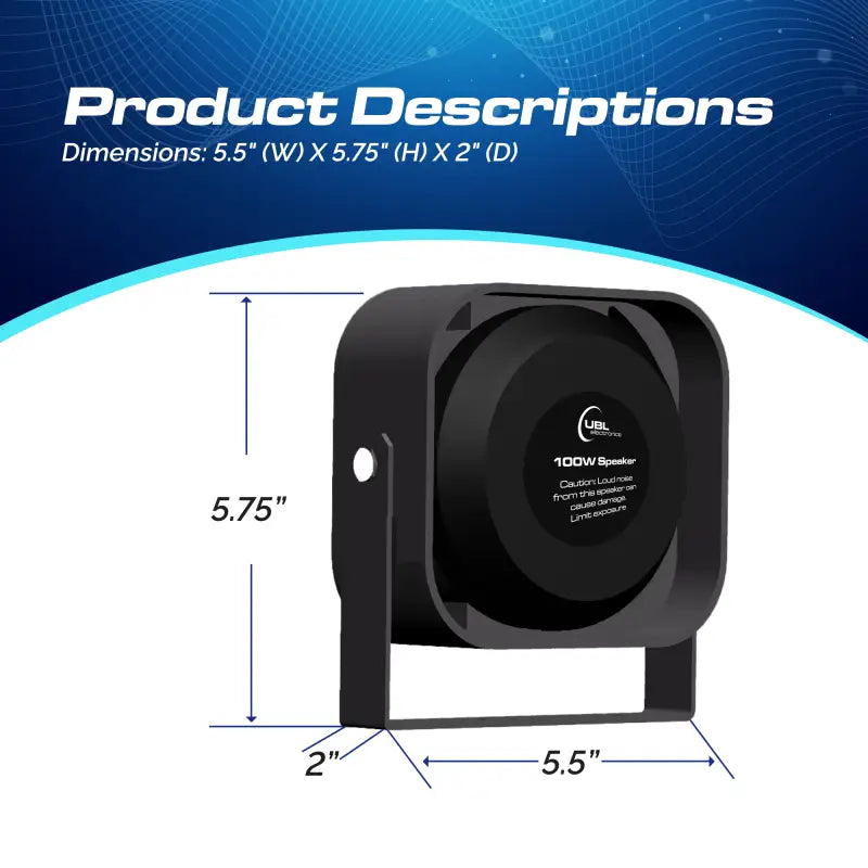 Black UBL 100-Watt Slim Speaker with dimensions showcasing sleek portable design