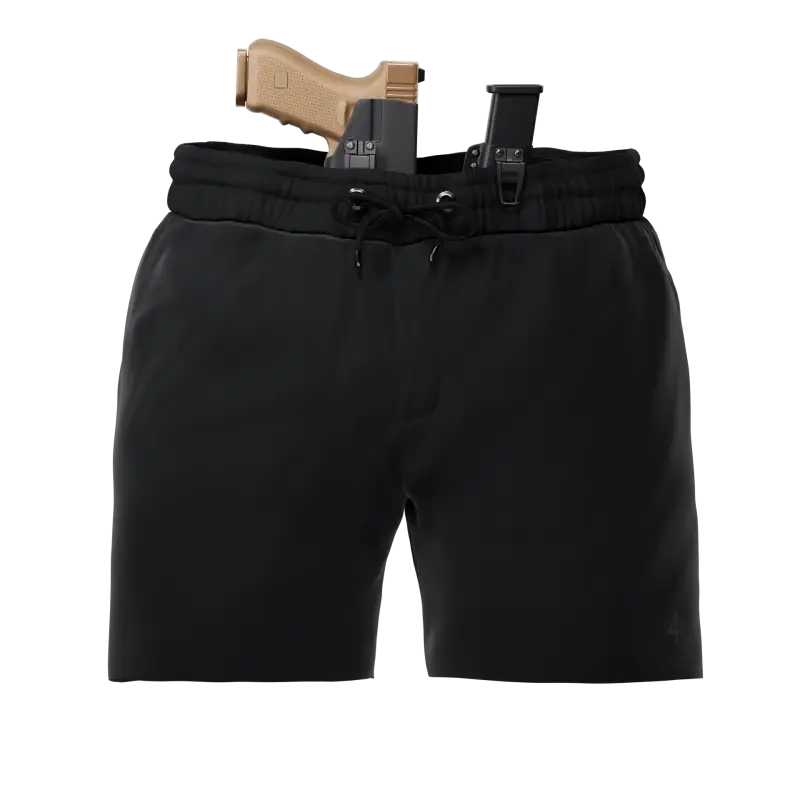 Black carrier training shorts with concealed carry firearm for discreet protection