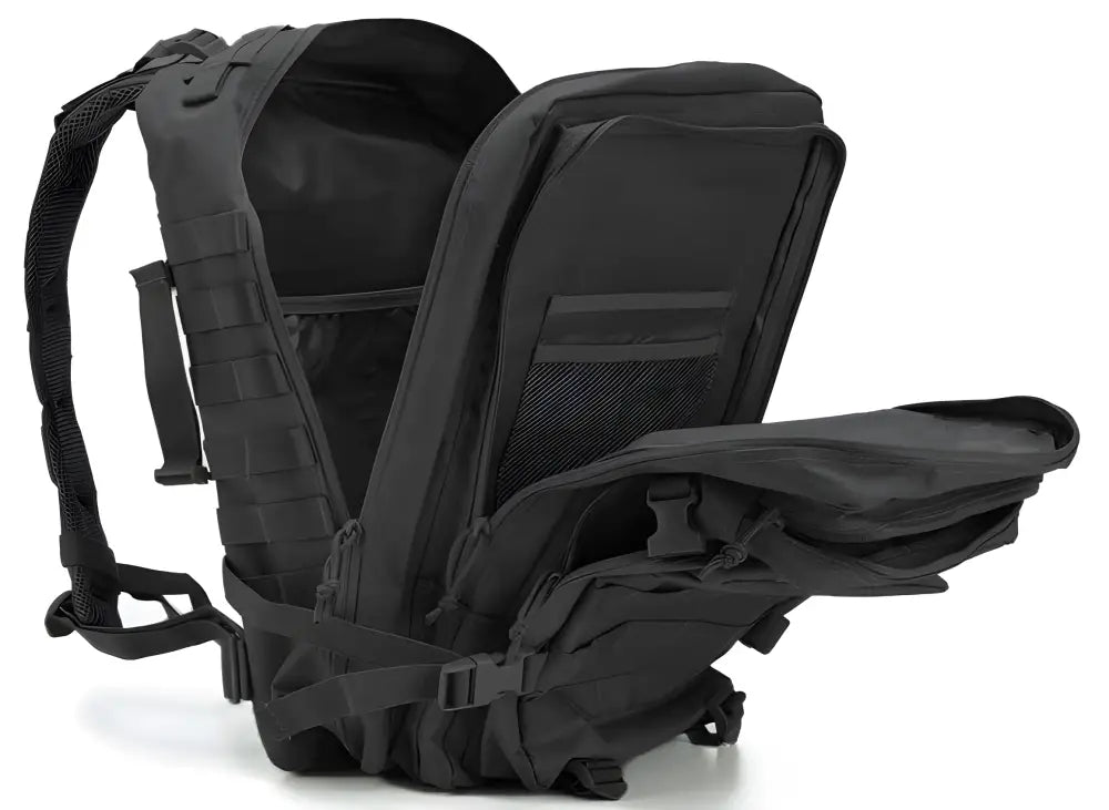 Black tactical backpack with expandable side compartments for a complete bleeding control kit