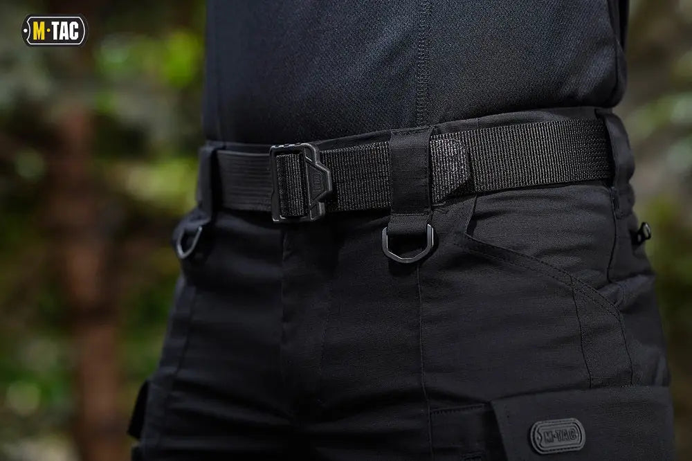 Black M-Tac Double Duty Tactical Belt with D-ring attachments for versatility and strength