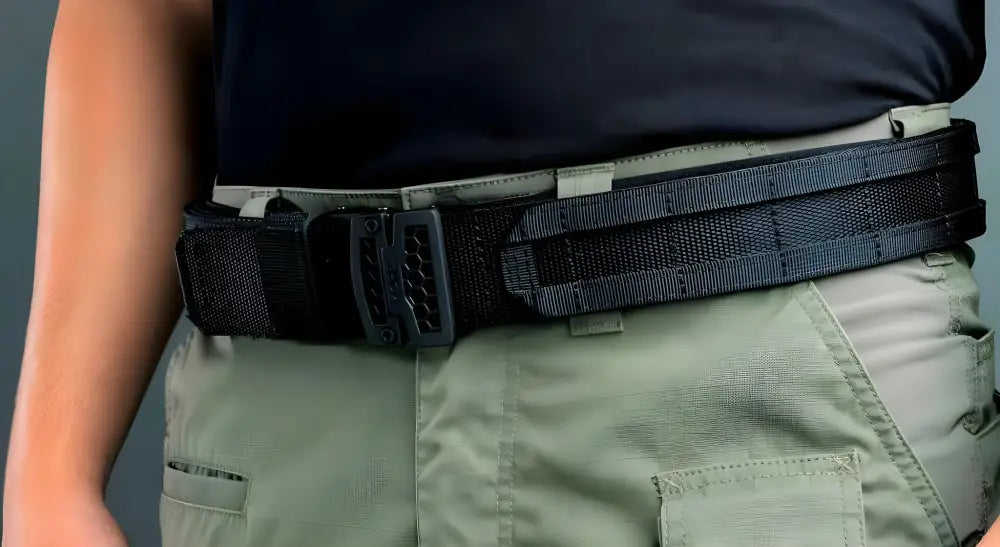 Black tactical outer battle belt with nylon webbing worn on khaki pants from B1 MULTICAM Complete Kit