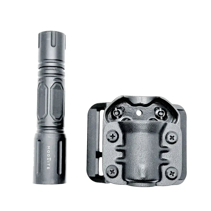 Black Modlite Flashlight Carrier with Safariland QLS Fork for tactical flashlight attachment