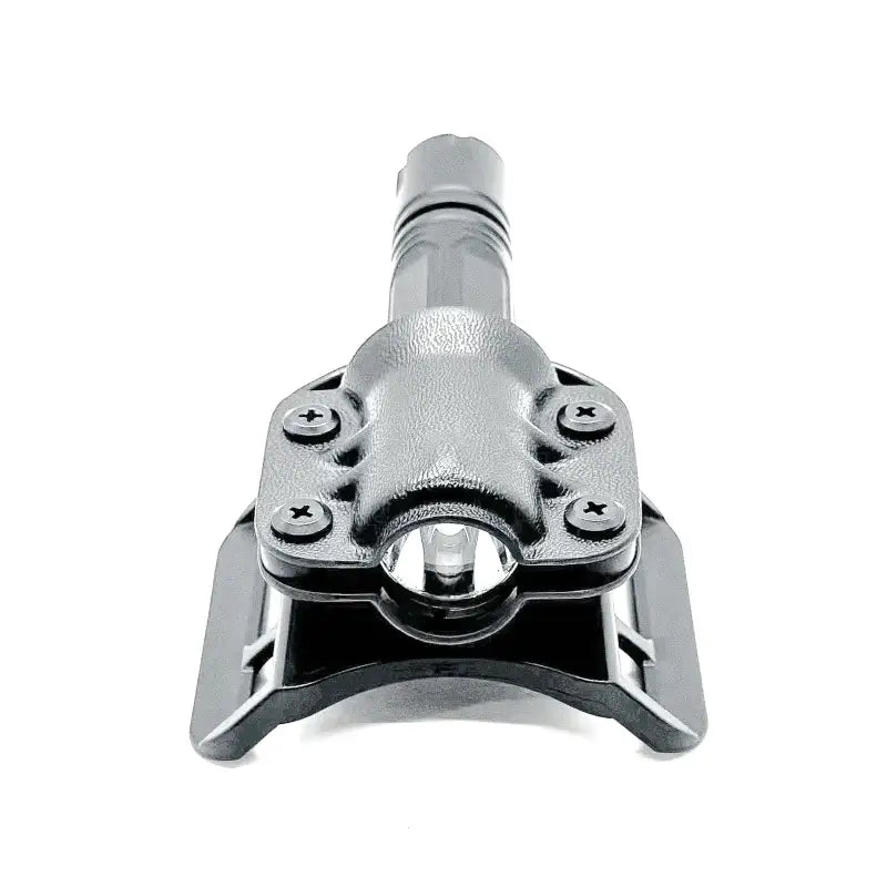 Black tactical flashlight holder with four screws for Modlite Flashlight Carrier and Safariland QLS Fork