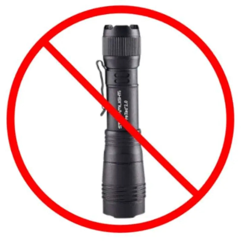 Black tactical flashlight with red prohibition symbol for Flashlight Holder first responders