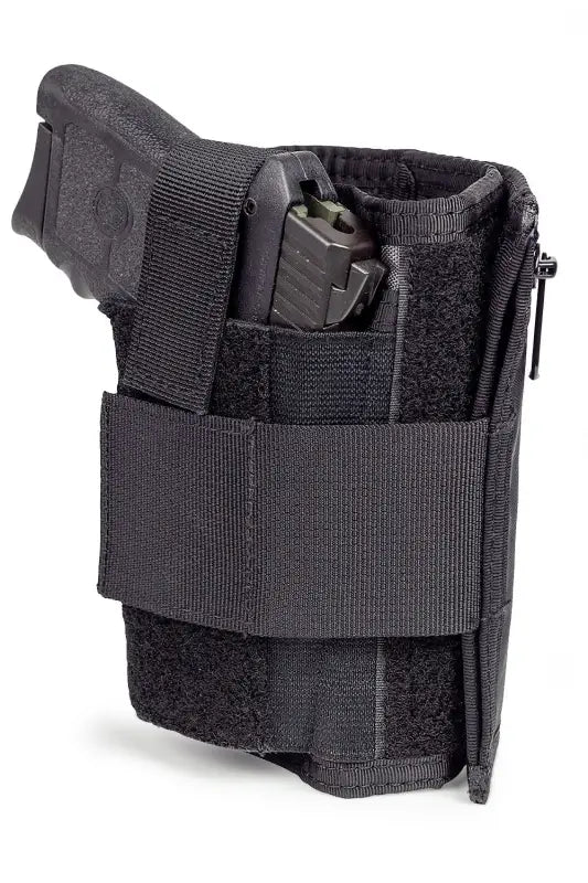 Black tactical gun holster on Hide-away Ankle Wallet ideal for police and first responders