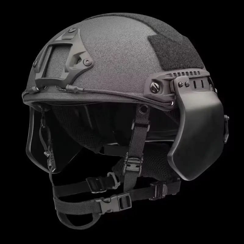 Black tactical helmet with ear armor for high cut helmets, ideal for redemption tactical body armor