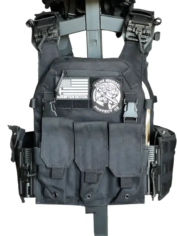 Black tactical body armor with pouches and patches from Redemption Tactical Archangel 2.0 Level IIIA