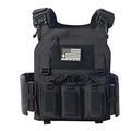 Black tactical plate carrier with front pouches from Redemption Tactical featuring standard 10x12 plates