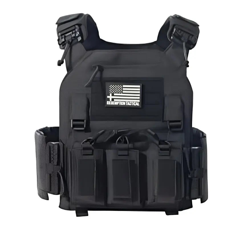 Black tactical plate carrier with front pouches from Redemption Tactical featuring standard 10x12 plates