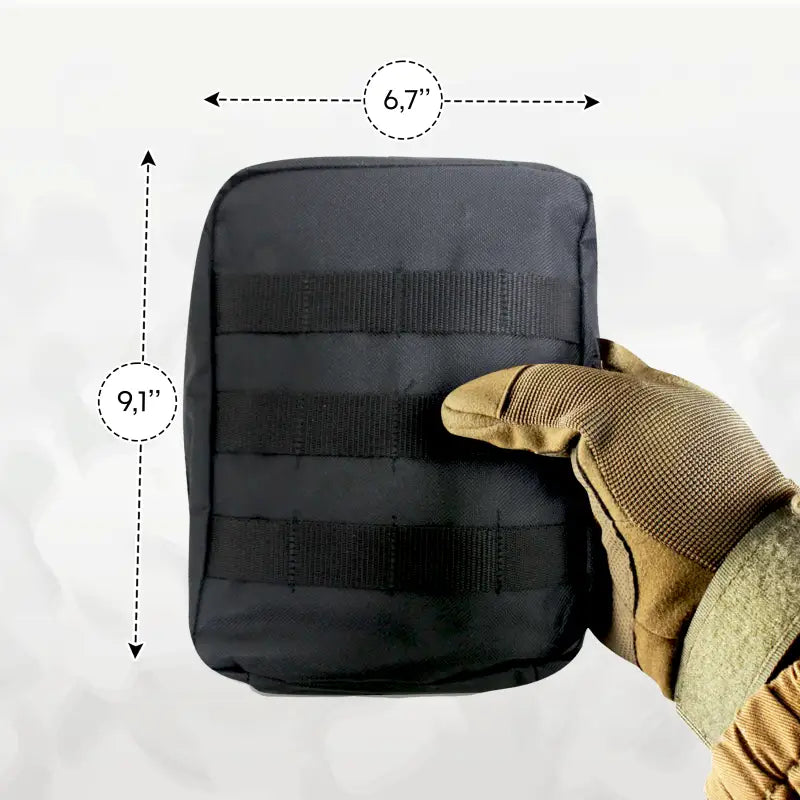 Black tactical pouch with MOLLE webbing for first responders, firefighters, and police