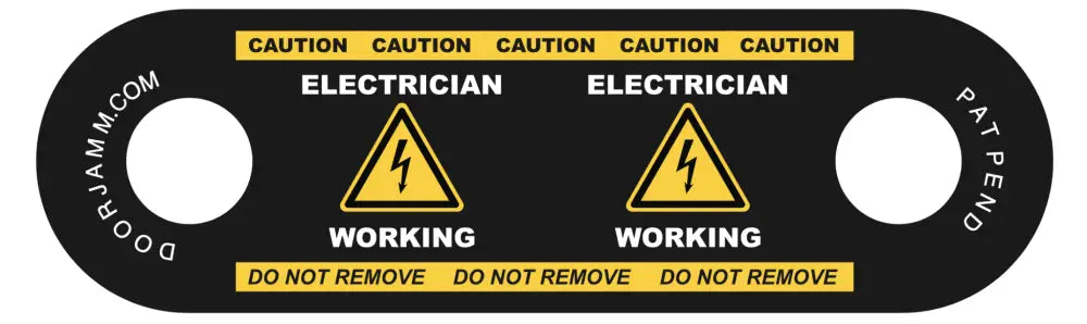 Black warning tag with caution stripes for Electrician DoorJamm, electrical hazard symbol