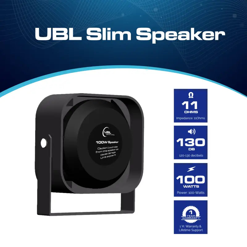 Black UBL slim speaker shown in the UBL 100W Slim Speaker product image