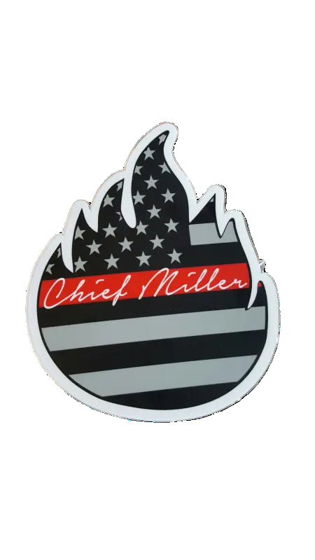 Black and white Chief Miller decal sticker in flame shape with red text design
