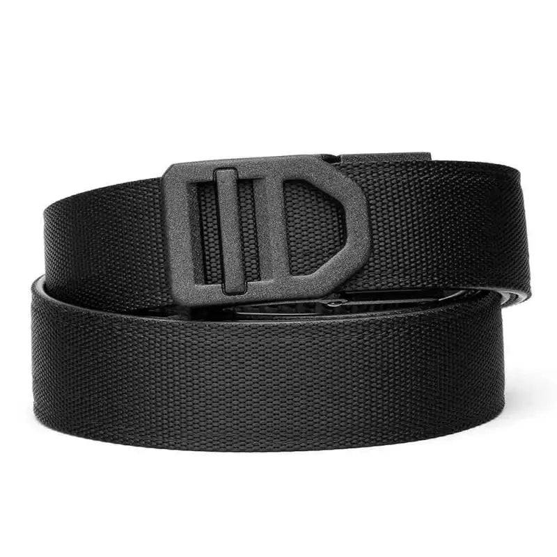 Black woven tactical nylon gun belt with metal buckle for durable everyday wear