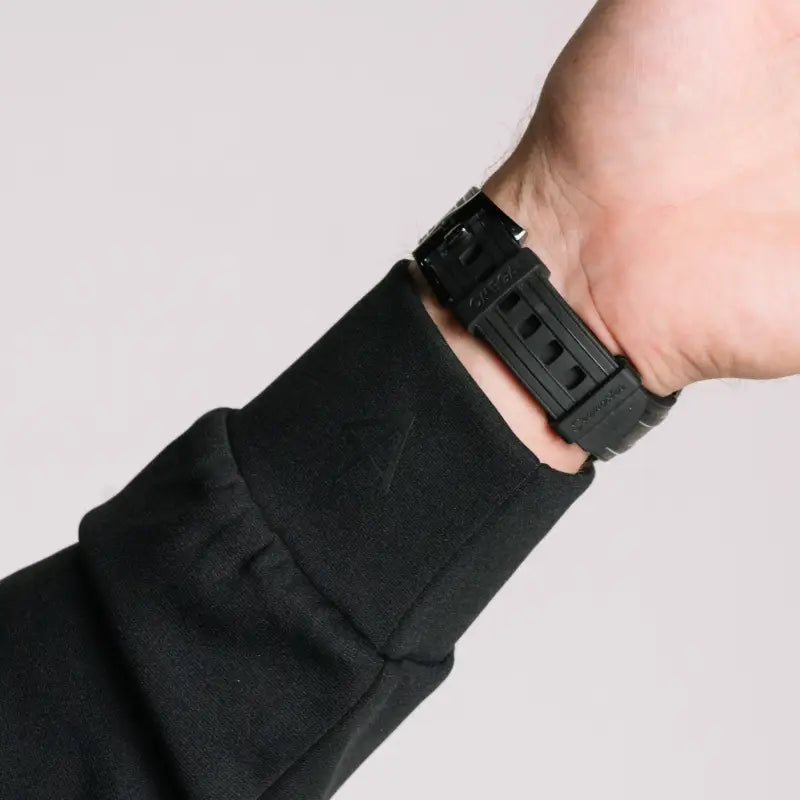 Black wrist watch on Durable Concealment Hoodie with hand pocket and smooth draws
