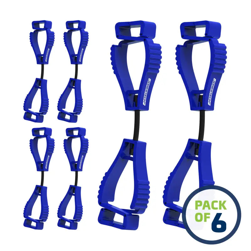 Blue adjustable glove clips displayed as part of Glove Clip Safety Holder product