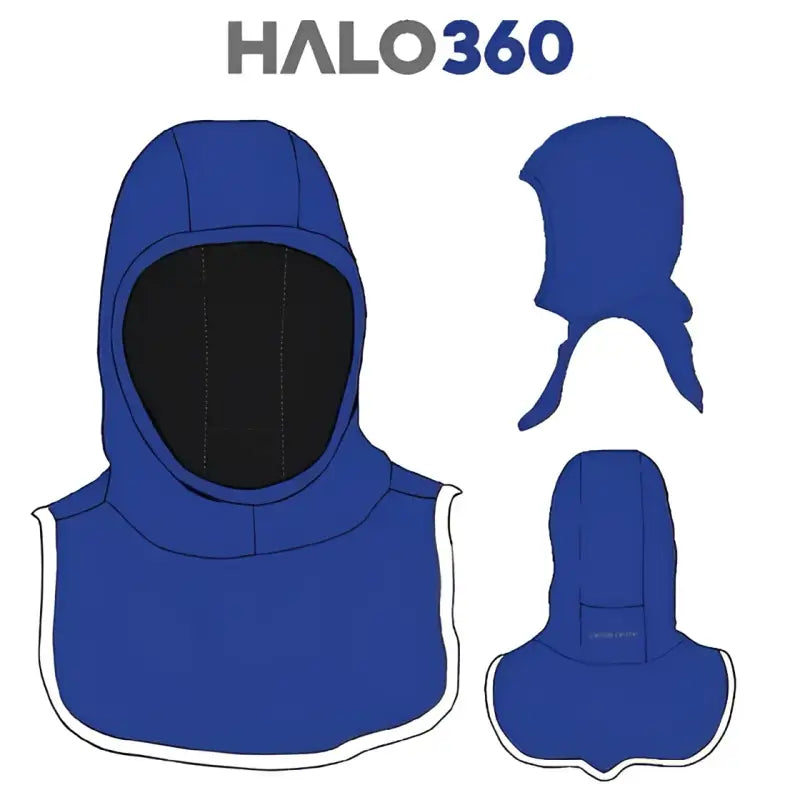 Blue balaclava with white trim from HALO 360 NOMEX BLEND BLACK EMB FLAG PARTICULATE HOOD