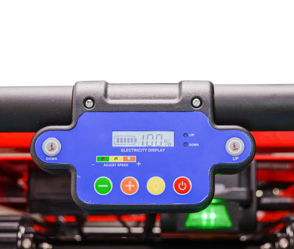 Blue electricity display with buttons on LINE2design-USA stair climbing hand truck dolly