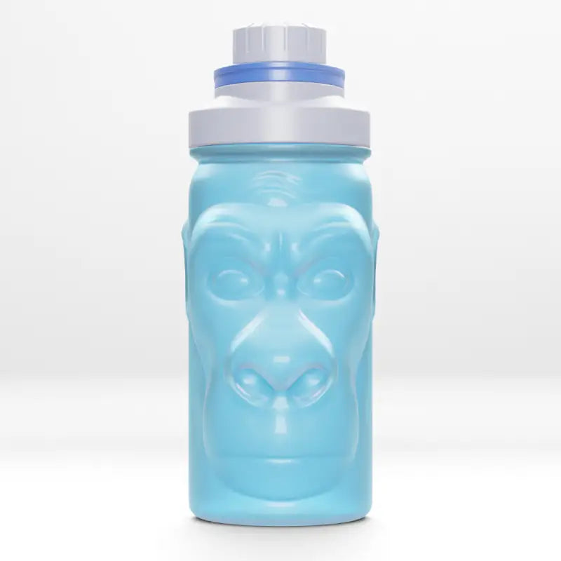 Blue gorilla-faced water bottle from Harambe Shaker Bottles, a unique shaker bottle design