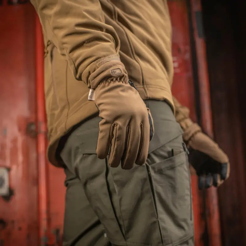 Brown M-Tac Gloves Soft Shell Thinsulate with elastic wrist closure for tactical use