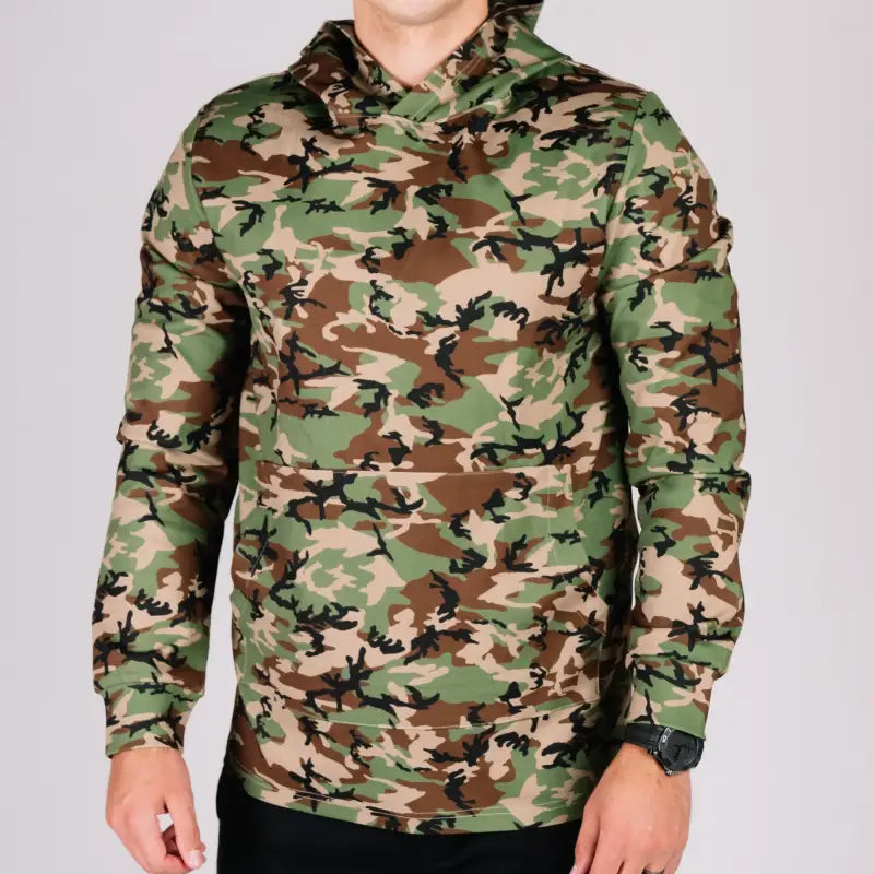 Camouflage hooded sweatshirt with durable hoodie, hand pocket, and smooth draws