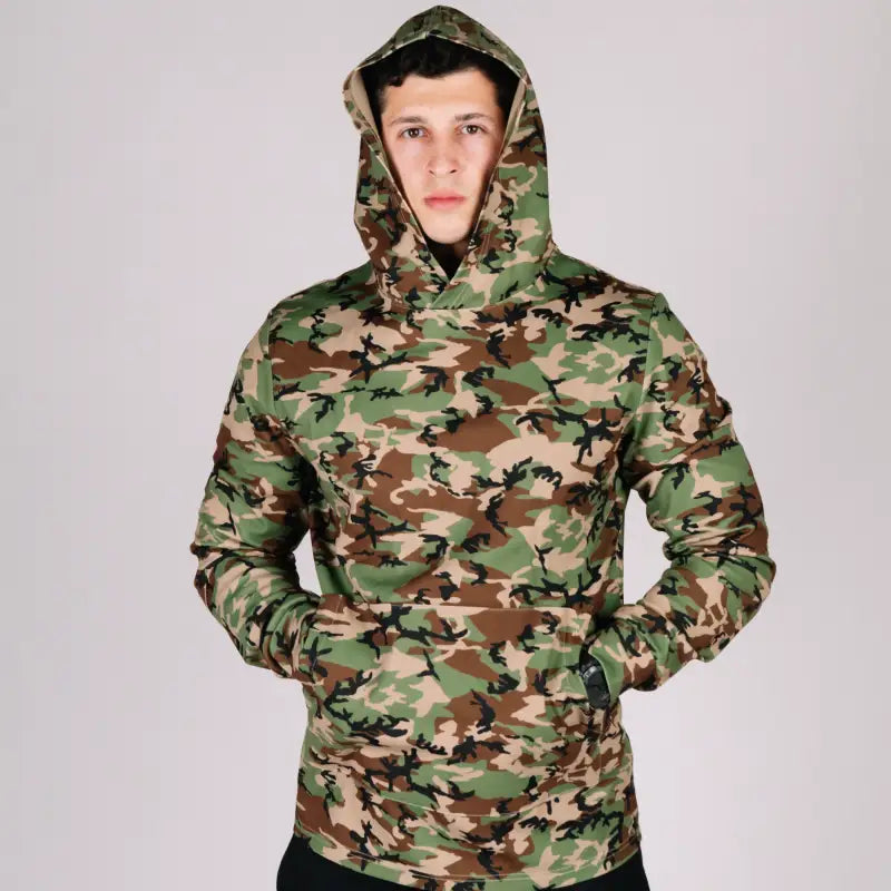 Camouflage hooded sweatshirt with durable hoodie, hand pocket, and smooth draws