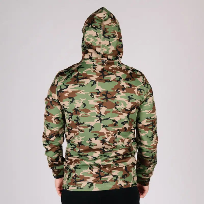 Camouflage hooded sweatshirt with durable hoodie, hand pocket, and smooth draws for concealment