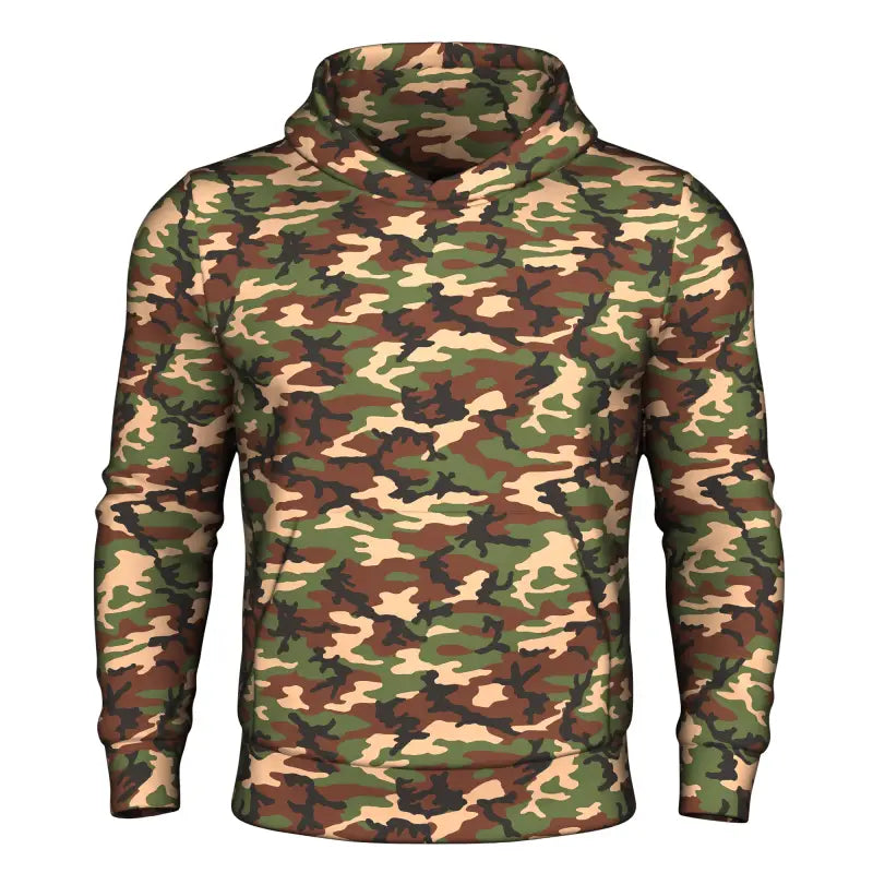 Camouflage hooded sweatshirt featuring durable hoodie fabric, convenient hand pocket, smooth draws