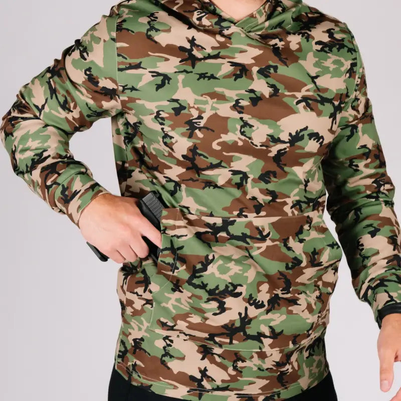 Camouflage durable hoodie with hand pocket and smooth draws featuring concealed handgun