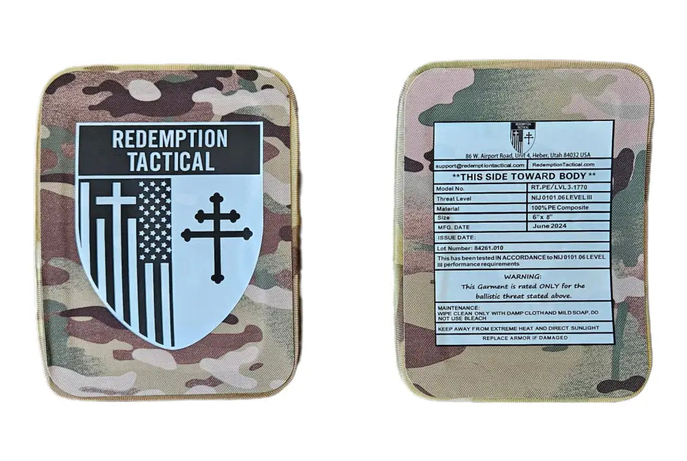 Camouflage body armor side plates with Redemption Tactical Level III logo and info