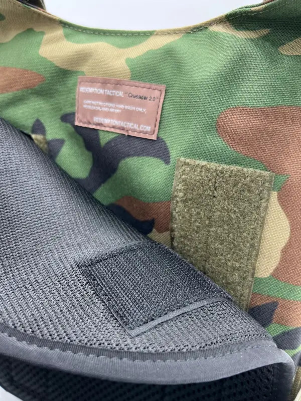 Camouflage tactical vest with hook and loop fasteners from Redemption Tactical, large size body armor