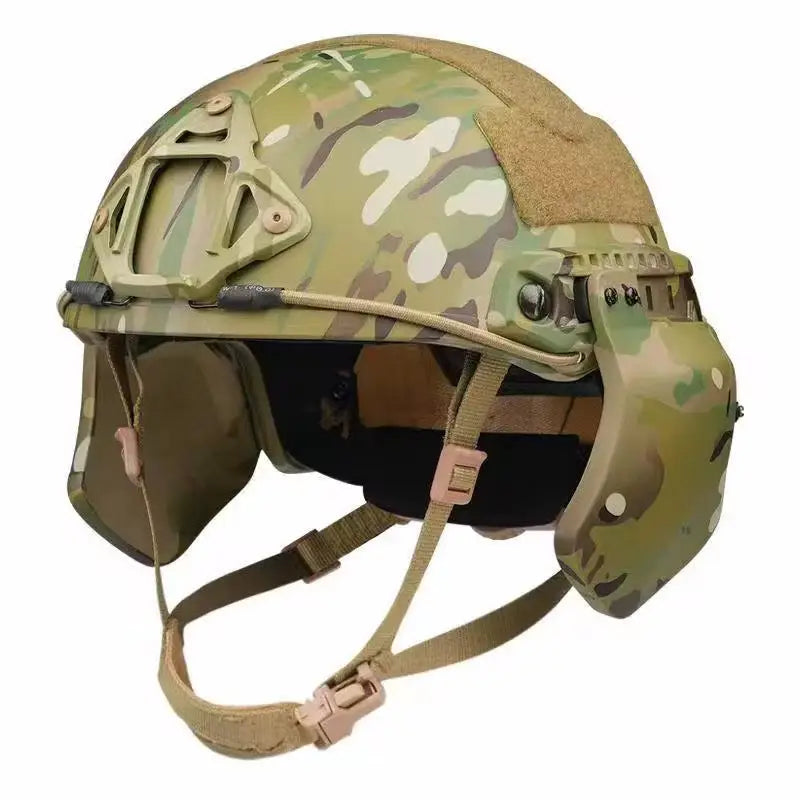 Camouflage tactical helmet with ear armor for high cut helmets and redemption tactical body armor
