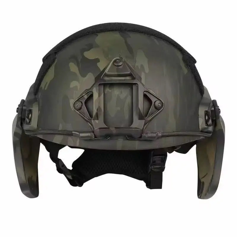 Camouflage tactical helmet with ear armor for high cut helmets, tested to LEVEL IIIA