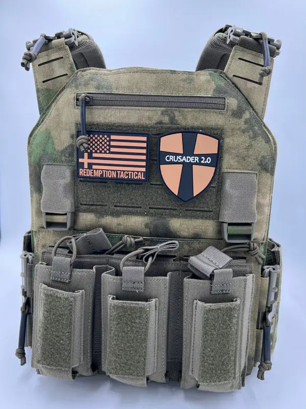 Camouflage tactical plate carrier with pouches and patches, Redemption Tactical Crusader 2.0