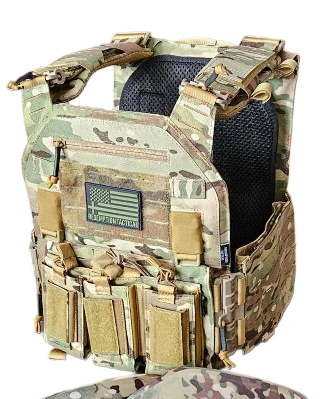 Camouflage tactical vest with pouches and American flag patch, Redemption Tactical plate carrier