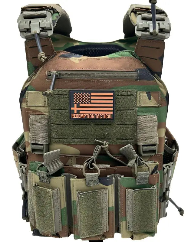 Camouflage tactical vest with pouches and American flag patch, Redemption Tactical plate carrier