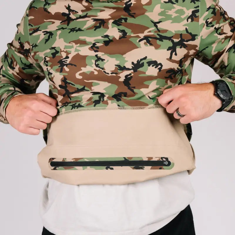 Camouflage and tan zippered pouch shirt from Durable Concealment Hoodie with hand pocket