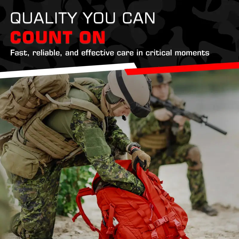 Camouflaged soldier carrying Tactical Trauma Kit with Rucksack for tactical trauma needs