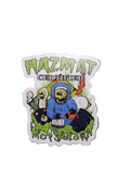 Cartoon hazmat figures with masks on Hazmat Mop and Glow helmet decal with weather-resistant ink