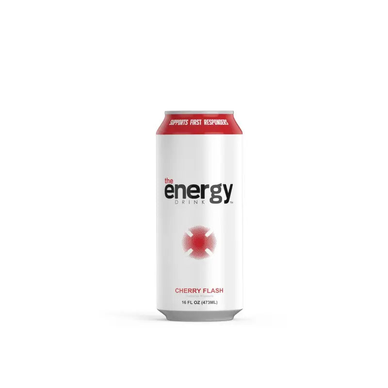 Cherry Flash energy drink can from Buff’d Energy for first responders; promotes smooth energy