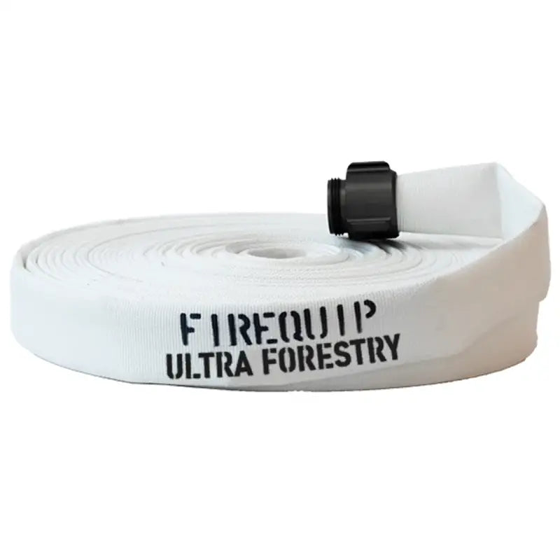 Coiled white Firequip Ultra Wildland forestry firefighting hose with black connector