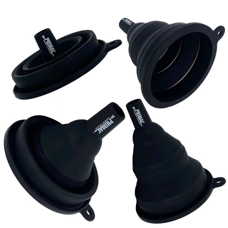 Collapsible black silicone funnel ideal for first responders, firefighters, and police use